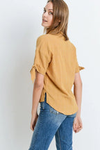 Short Sleeve Button Up Top With Tie Sleeve | Mixtshop LLC