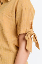 Short Sleeve Button Up Top With Tie Sleeve | Mixtshop LLC