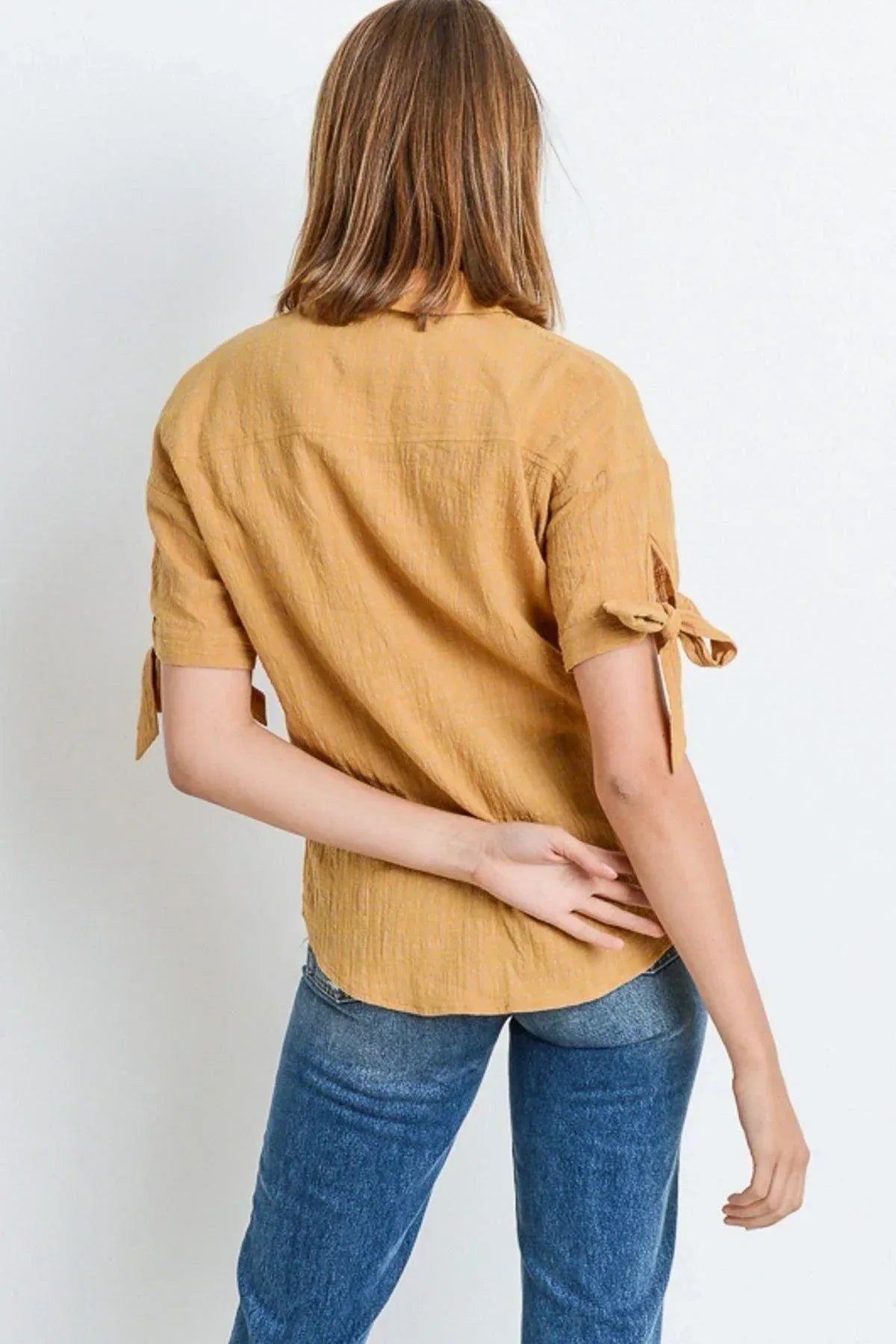 Short Sleeve Button Up Top With Tie Sleeve | Mixtshop LLC