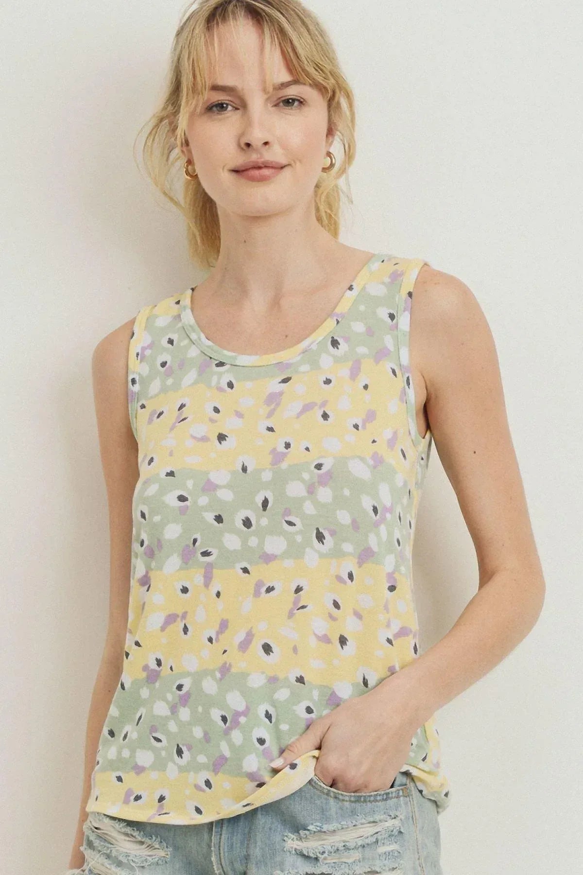 Printed Terry Back Opened Sleeveless Top | Mixtshop LLC Main image