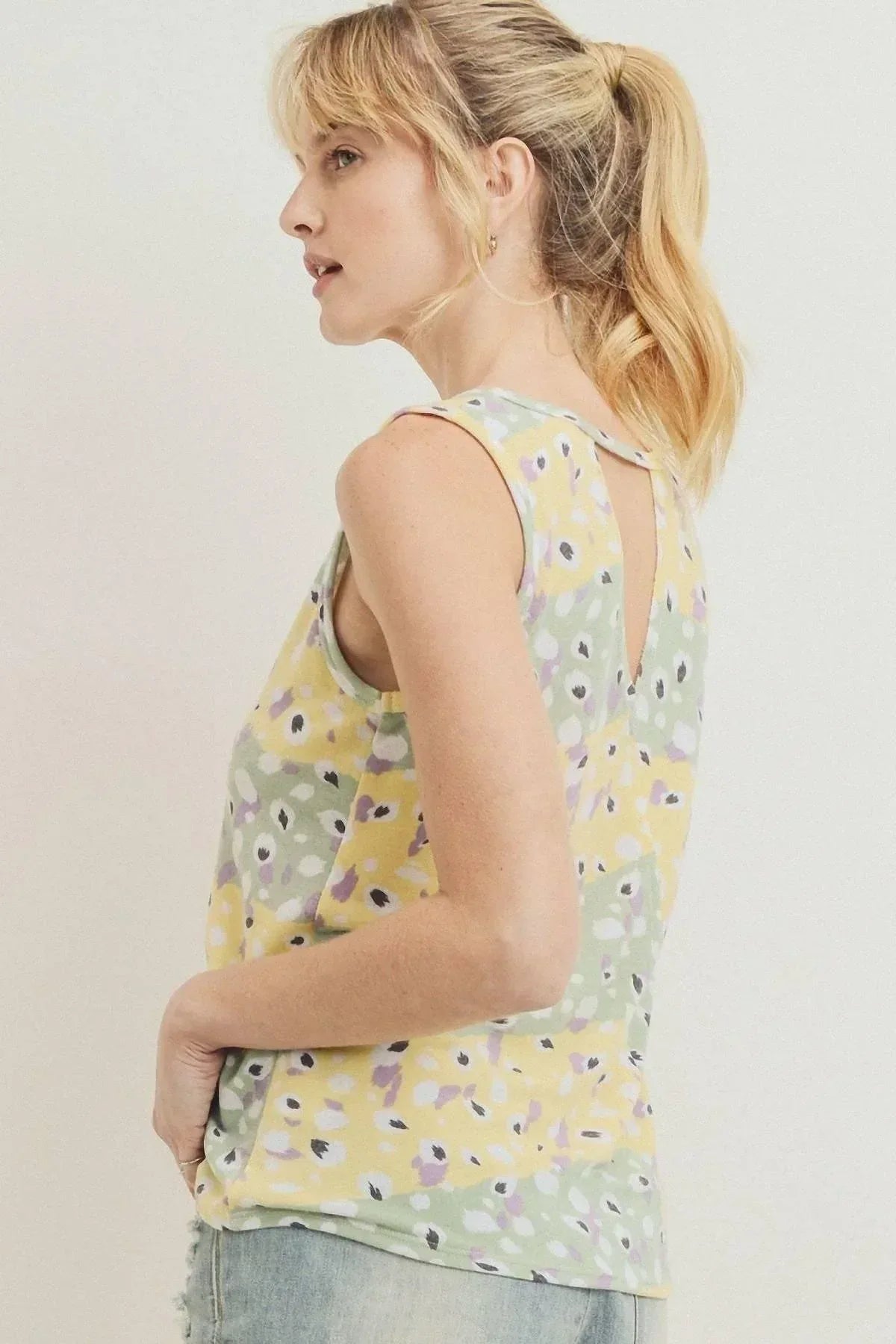 Printed Terry Back Opened Sleeveless Top | Mixtshop LLC