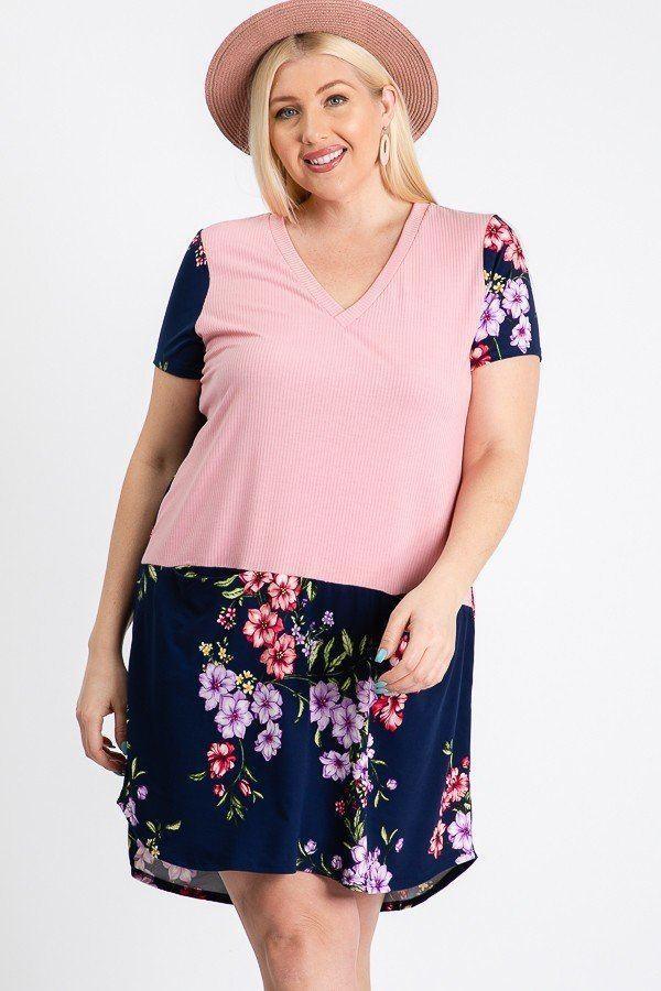 Short Sleeve Floral Blocked Midi Dress With Front Pocket | Mixtshop LLC Main image
