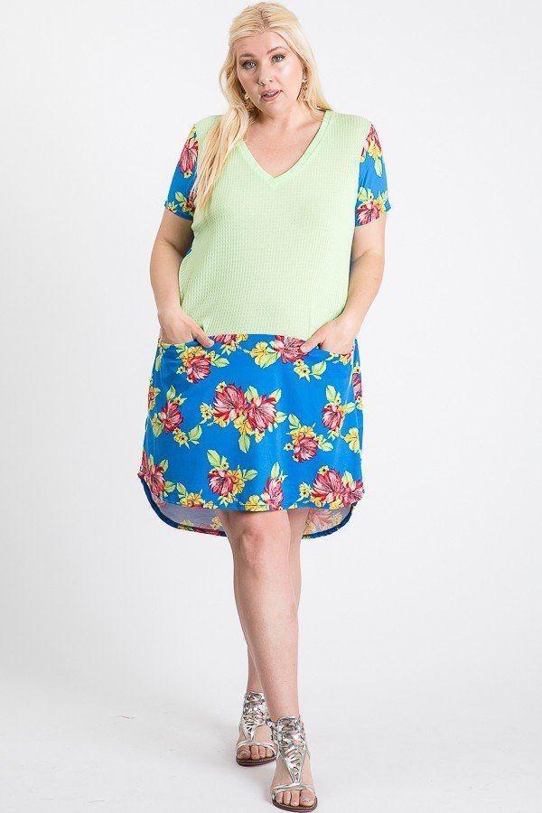 Short Sleeve Floral Blocked Midi Dress With Front Pocket | Mixtshop LLC