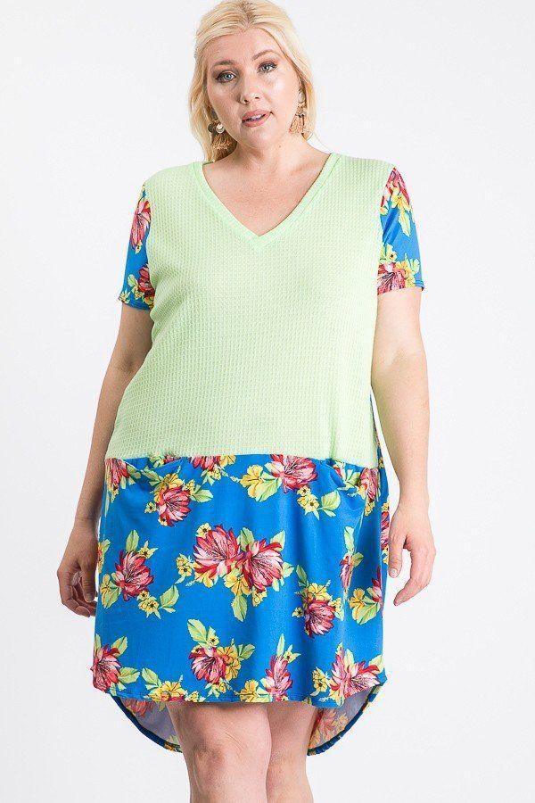 Short Sleeve Floral Blocked Midi Dress With Front Pocket | Mixtshop LLC