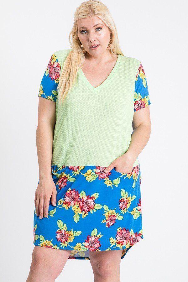 Short Sleeve Floral Blocked Midi Dress With Front Pocket | Mixtshop LLC
