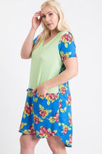 Short Sleeve Floral Blocked Midi Dress With Front Pocket | Mixtshop LLC