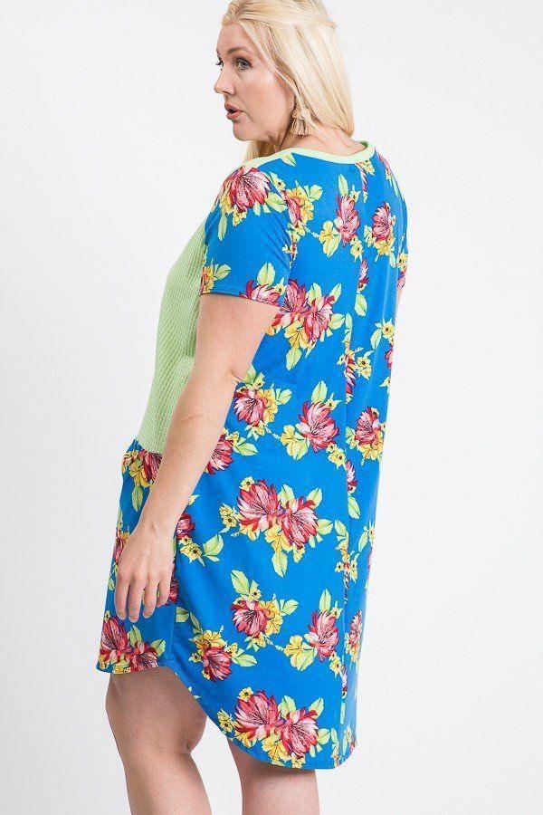 Short Sleeve Floral Blocked Midi Dress With Front Pocket | Mixtshop LLC