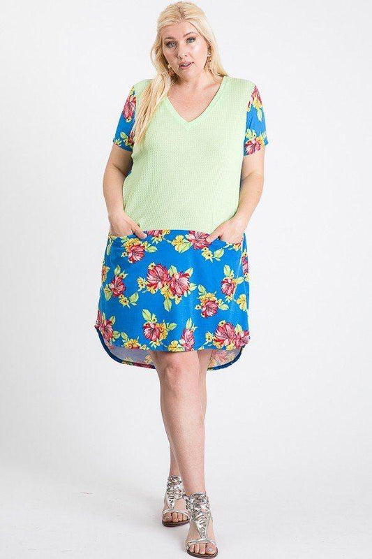 Short Sleeve Floral Blocked Midi Dress With Front Pocket | Mixtshop LLC