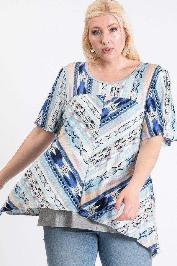 Short Sleeve Aztec Patterned Layered Top | Mixtshop LLC Main image