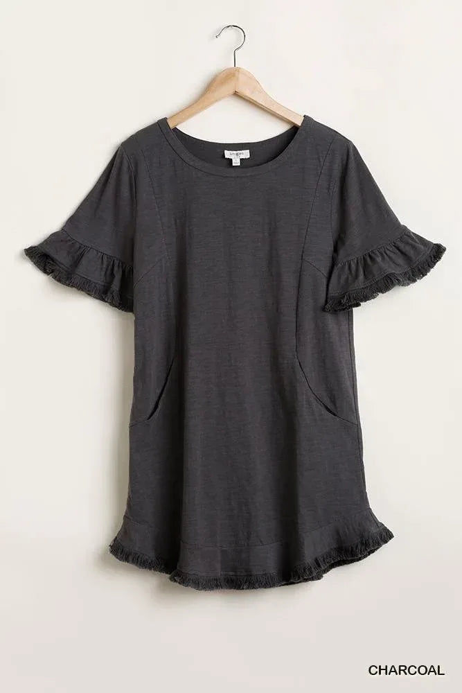 Short Ruffle Frayed Hem And Round Neck Dress With Pockets | Mixtshop LLC Main image