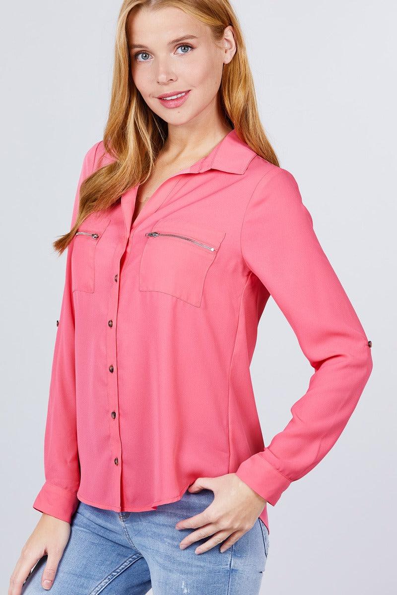 3/4 Roll Up Sleeve Pocket W/zipper Detail Woven Blouse | Mixtshop LLC