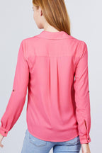 3/4 Roll Up Sleeve Pocket W/zipper Detail Woven Blouse | Mixtshop LLC