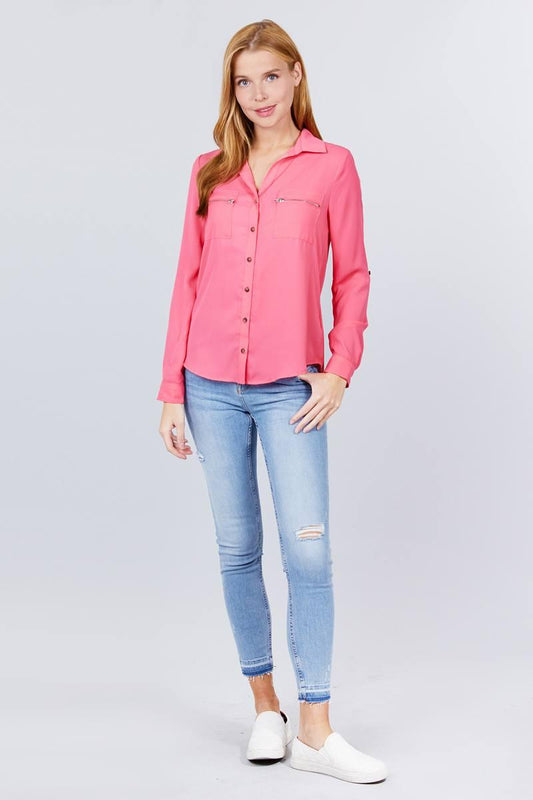 3/4 Roll Up Sleeve Pocket W/zipper Detail Woven Blouse | Mixtshop LLC