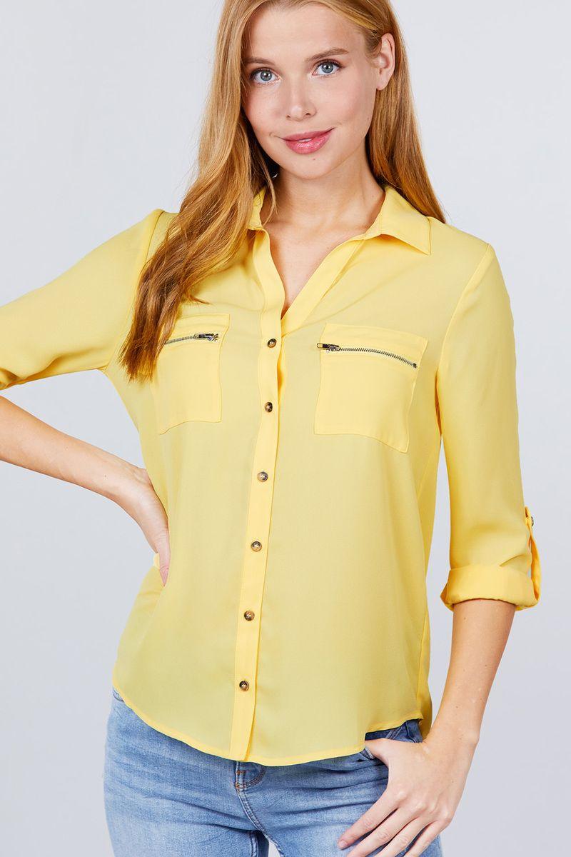 3/4 Roll Up Sleeve Pocket W/zipper Detail Woven Blouse | Mixtshop LLC
