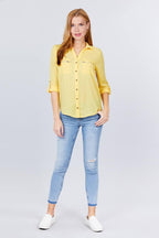 3/4 Roll Up Sleeve Pocket W/zipper Detail Woven Blouse | Mixtshop LLC
