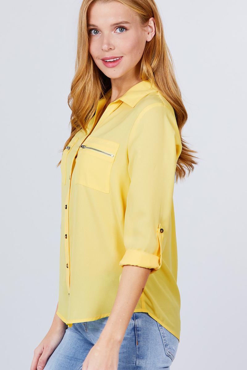 3/4 Roll Up Sleeve Pocket W/zipper Detail Woven Blouse | Mixtshop LLC