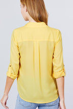 3/4 Roll Up Sleeve Pocket W/zipper Detail Woven Blouse | Mixtshop LLC