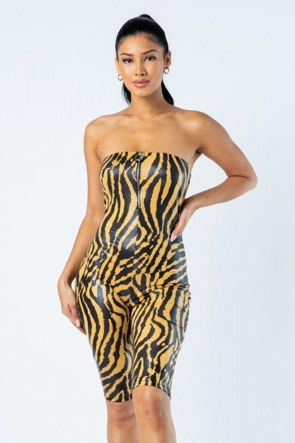 Zebra Print Tube Romper With Front O Ring Zipper Detail | Mixtshop LLC Main image