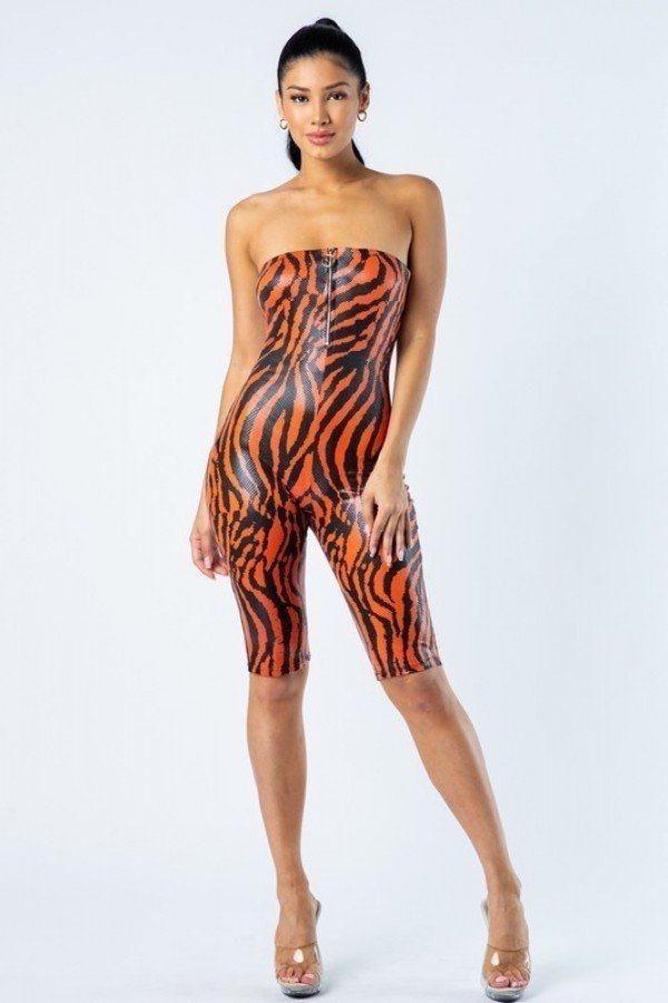Zebra Print Tube Romper With Front O Ring Zipper Detail Secondary image
