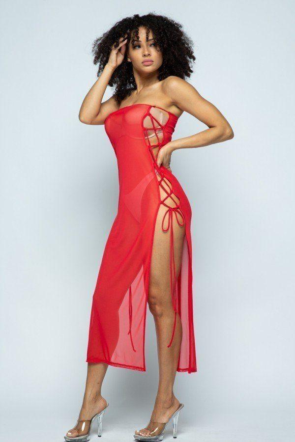 Solid Mesh Side Lace Up Cover Up Dress Secondary image