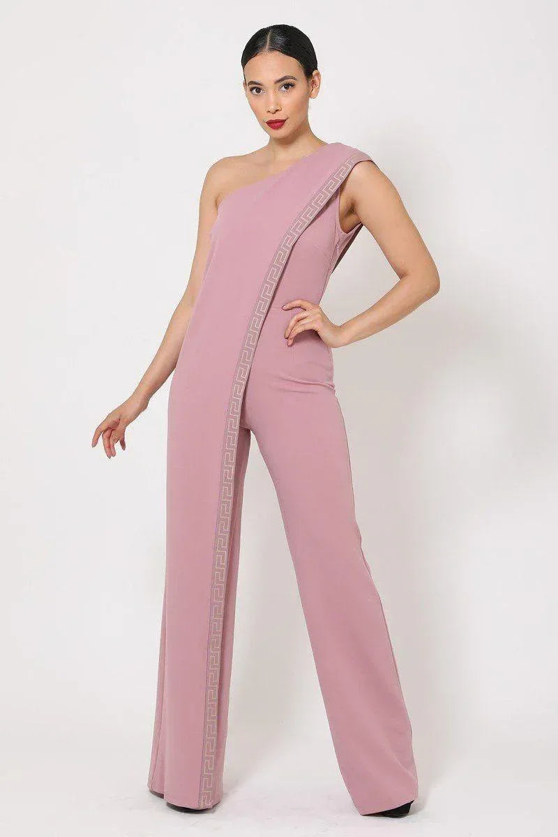 One Shoulder Greek Border Pattern Jumpsuit | Mixtshop LLC