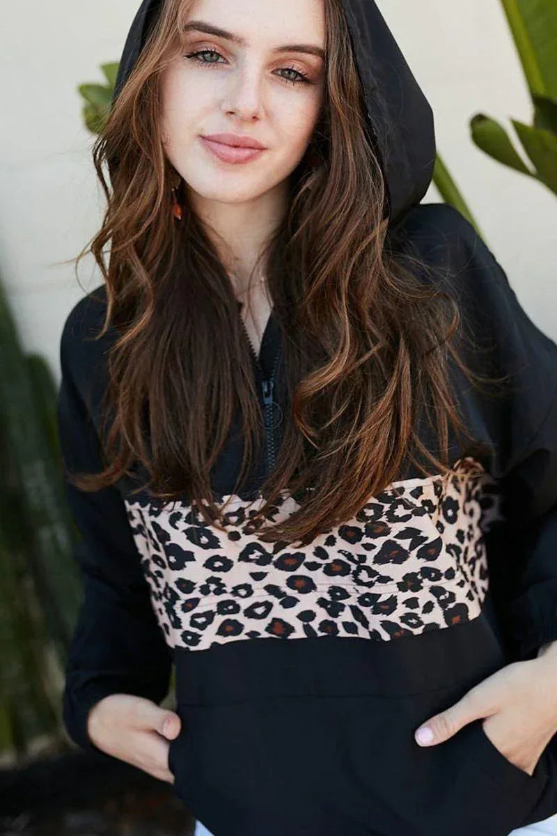 Contrast Leopard Print Front Zipper Up Kangaroo Pocket Windbreaker Hoodie | Mixtshop LLC