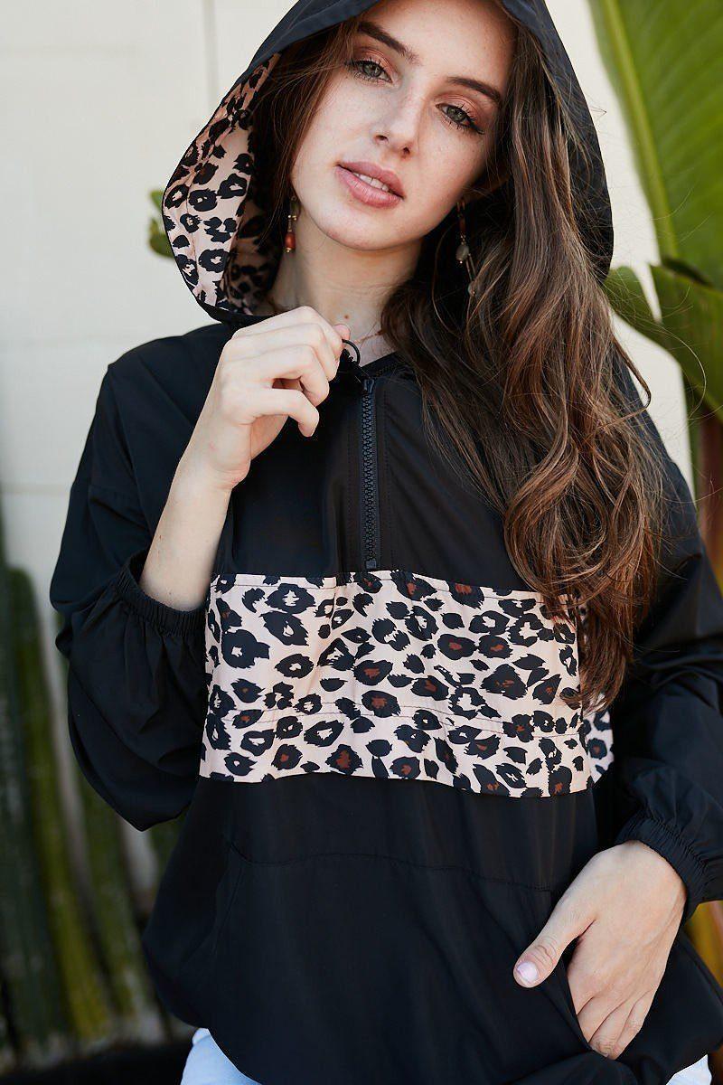 Contrast Leopard Print Front Zipper Up Kangaroo Pocket Windbreaker Hoodie | Mixtshop LLC