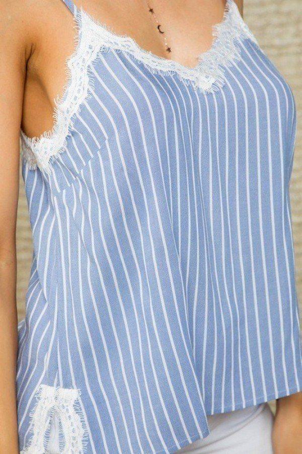 Stripe Print Side Slit Adjustable Self Spaghetti Lace Cami | Mixtshop LLC
