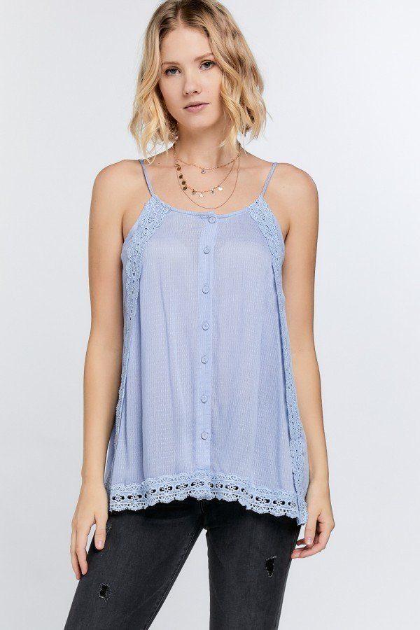 Boho Scallop Lace Trim Detailed Button Down Solid Subtle Textured Slit Side Overlay Layered Cami Top | Mixtshop LLC Main image