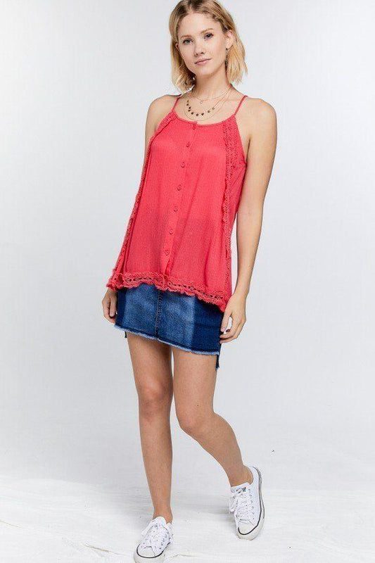 Boho Scallop Lace Trim Detailed Button Down Solid Subtle Textured Slit Side Overlay Layered Cami Top | Mixtshop LLC