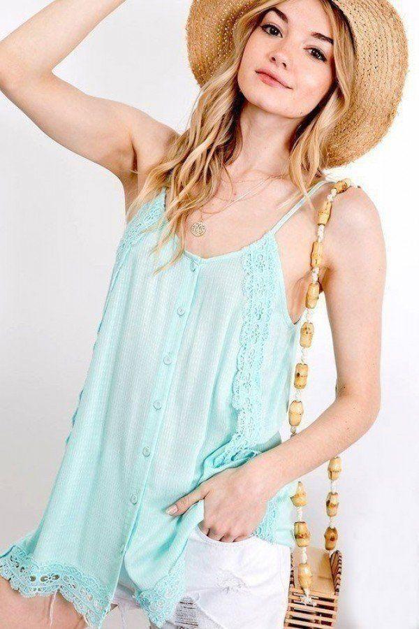 Boho Scallop Lace Trim Detailed Button Down Solid Subtle Textured Slit Side Overlay Layered Cami Top | Mixtshop LLC Main image