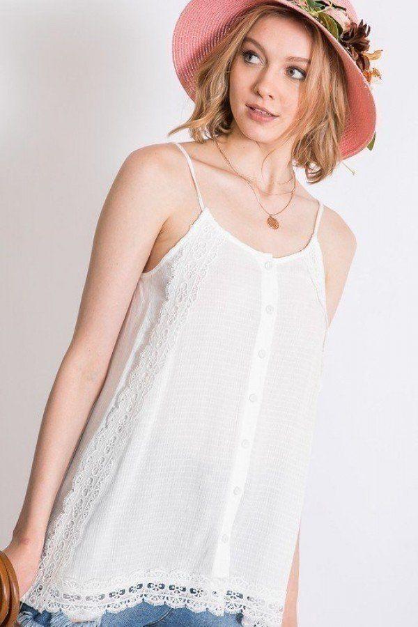 Boho Scallop Lace Trim Detailed Button Down Solid Subtle Textured Slit Side Overlay Layered Cami Top | Mixtshop LLC Main image