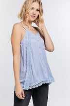 Boho Scallop Lace Trim Detailed Button Down Solid Subtle Textured Slit Side Overlay Layered Cami Top | Mixtshop LLC