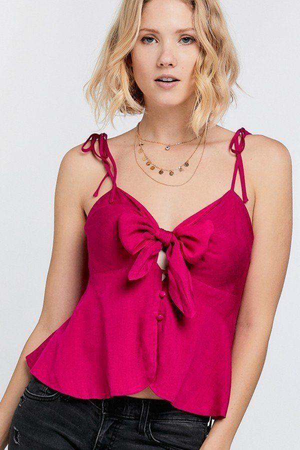 Cutout Detail Ruched Twist Bow Sweetheart Neckline Smocked Back Ribbon Tie Spaghetti Strap Cami Top | Mixtshop LLC Main image