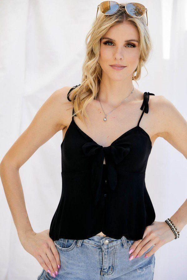Cutout Detail Ruched Twist Bow Sweetheart Neckline Smocked Back Ribbon Tie Spaghetti Strap Cami Top | Mixtshop LLC Main image