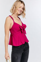 Cutout Detail Ruched Twist Bow Sweetheart Neckline Smocked Back Ribbon Tie Spaghetti Strap Cami Top | Mixtshop LLC