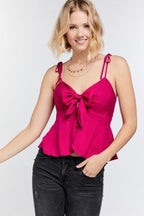 Cutout Detail Ruched Twist Bow Sweetheart Neckline Smocked Back Ribbon Tie Spaghetti Strap Cami Top | Mixtshop LLC