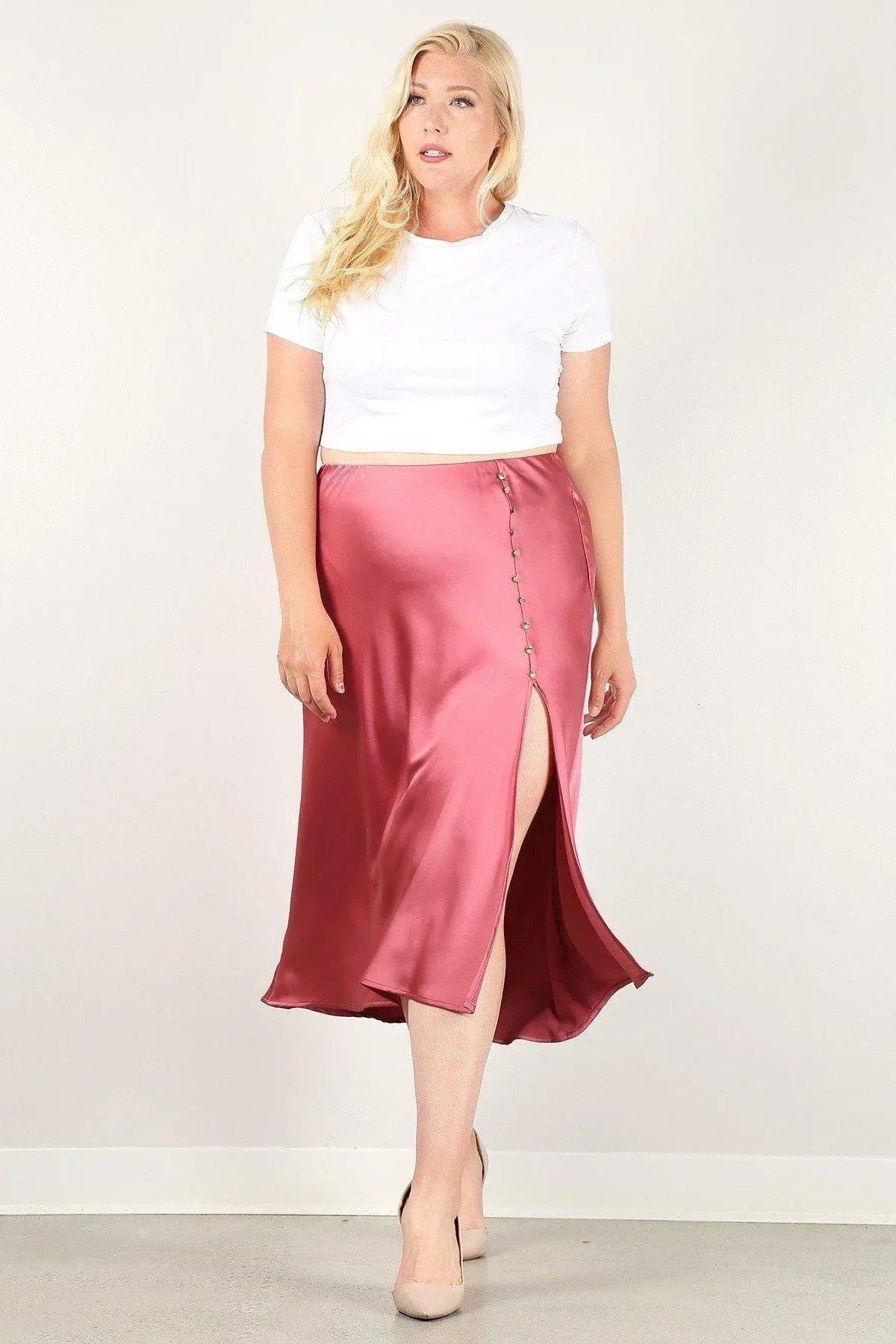 Solid High-waist Skirt With Button Trim And Side Slit | Mixtshop LLC