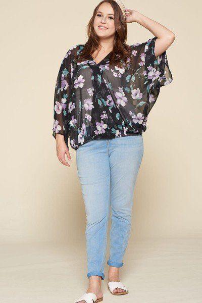 Plus Size Floral Chiffon Sheer Surplice Top Secondary image