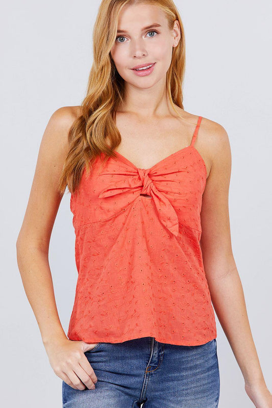 V-neck w/front bow tie eyelet woven cami top | Mixtshop LLC