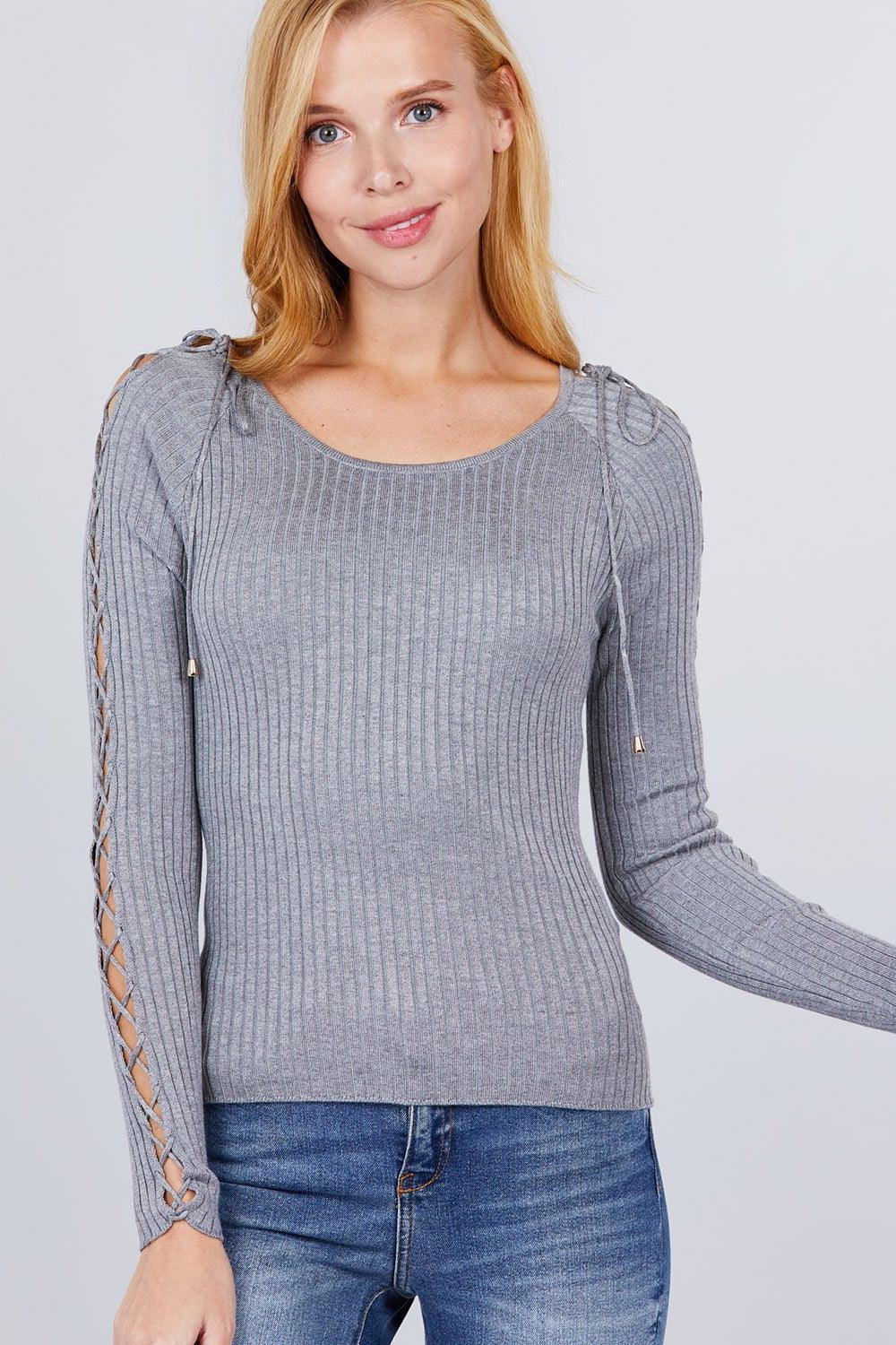 Long Sleeve W/strappy Detail Round Neck Rib Sweater Top | Mixtshop LLC Main image