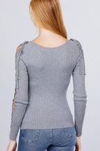 Long Sleeve W/strappy Detail Round Neck Rib Sweater Top | Mixtshop LLC