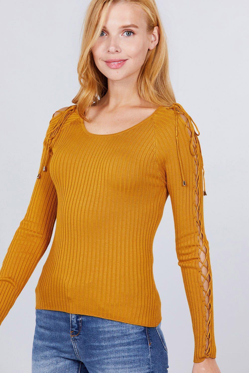 Long Sleeve W/strappy Detail Round Neck Rib Sweater Top | Mixtshop LLC Main image