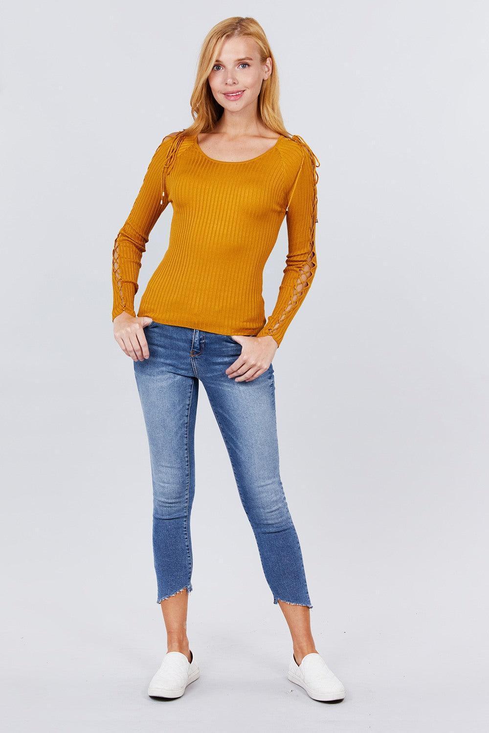 Long Sleeve W/strappy Detail Round Neck Rib Sweater Top Secondary image
