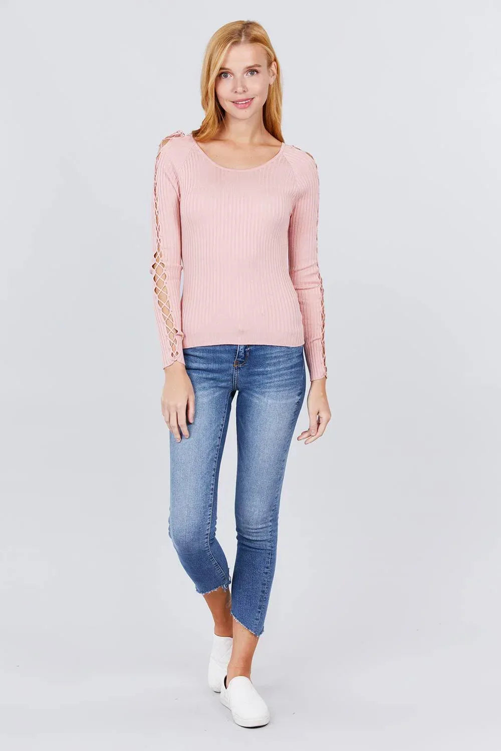Long Sleeve W/strappy Detail Round Neck Rib Sweater Top Secondary image