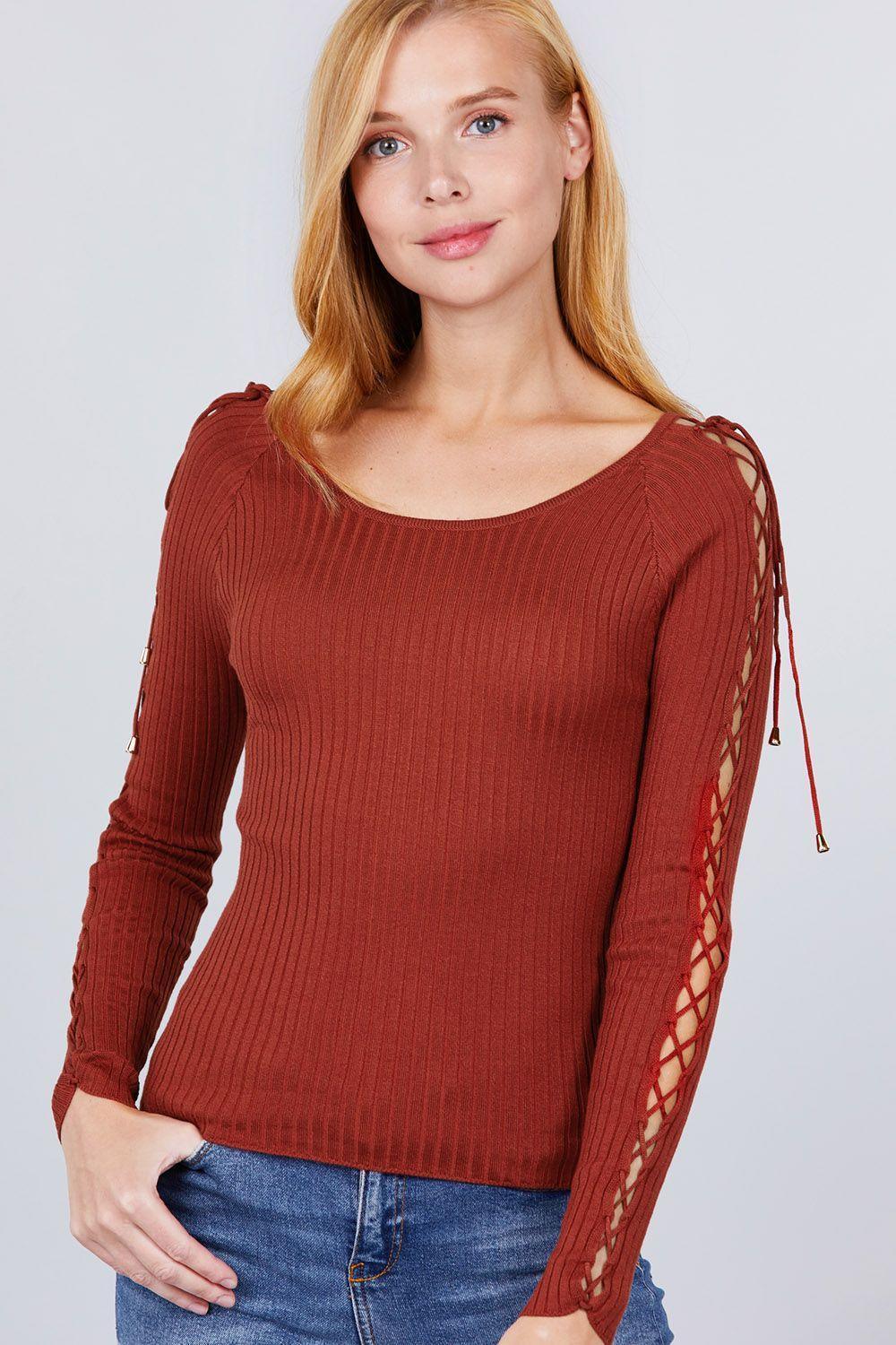 Long Sleeve W/strappy Detail Round Neck Rib Sweater Top | Mixtshop LLC Main image