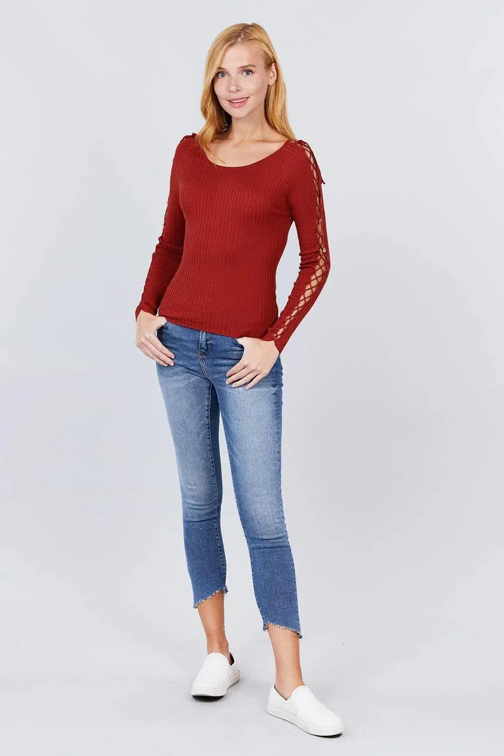 Long Sleeve W/strappy Detail Round Neck Rib Sweater Top Secondary image