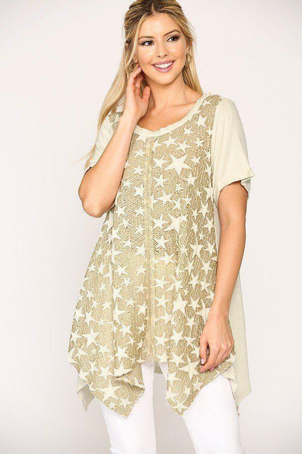 Star Textured Knit Mixed Tunic Top With Shark Bite Hem | Mixtshop LLC Main image