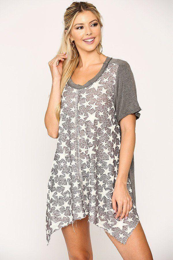 Star Textured Knit Mixed Tunic Top With Shark Bite Hem | Mixtshop LLC Main image