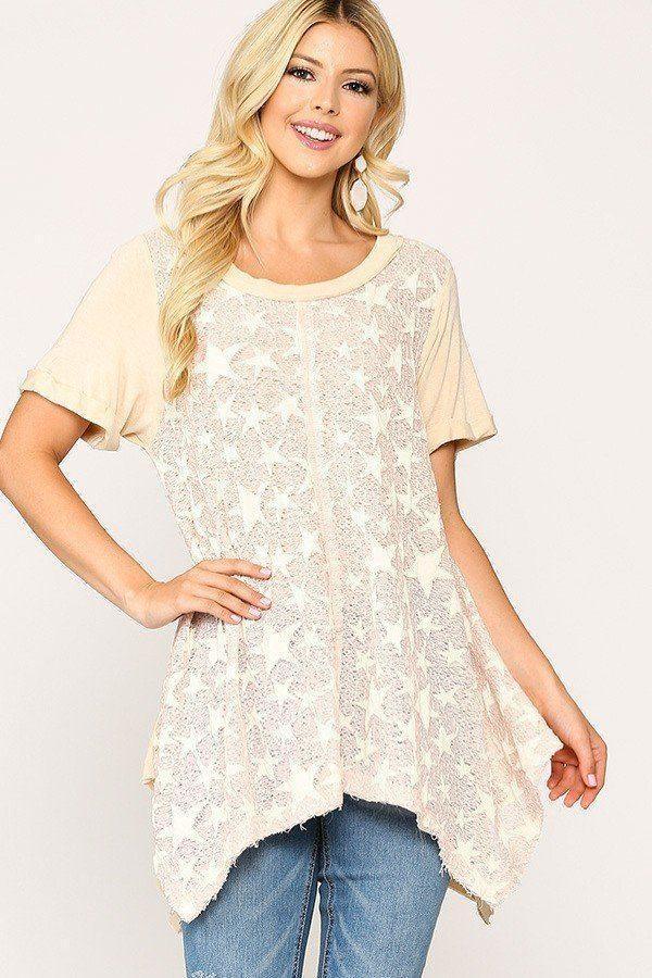 Star Textured Knit Mixed Tunic Top With Shark Bite Hem | Mixtshop LLC Main image